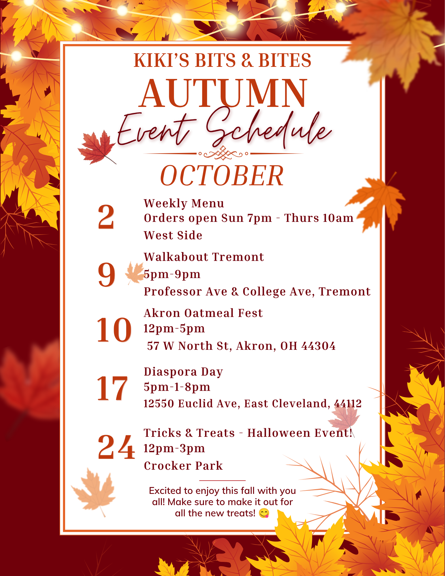 Kiki's Bits & Bites October autumn event schedule